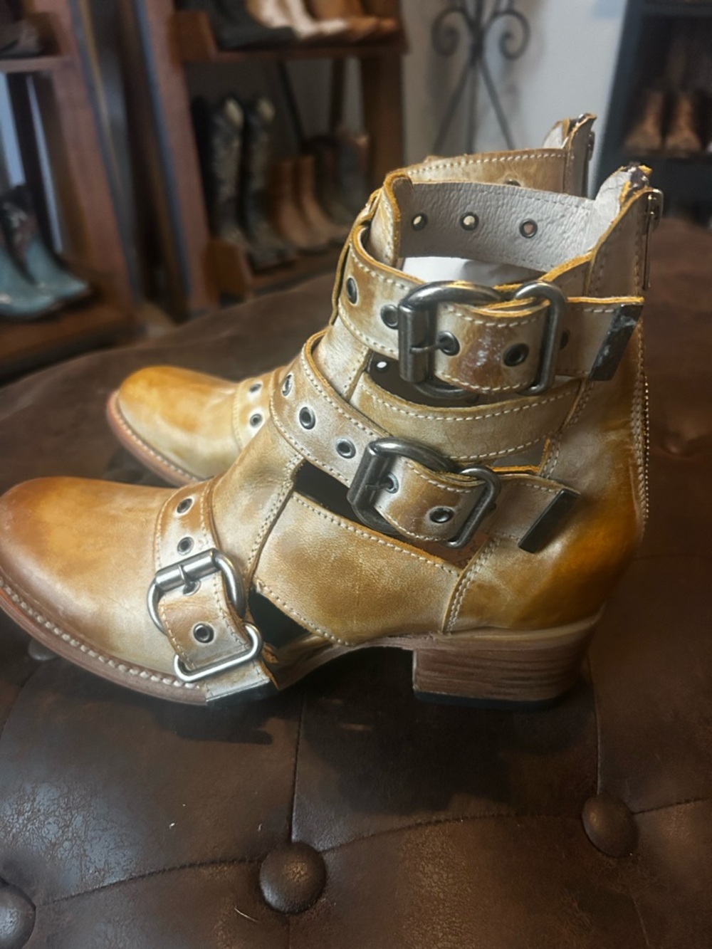 freebird Tan Leather Buckle Cutout Ankle Boots